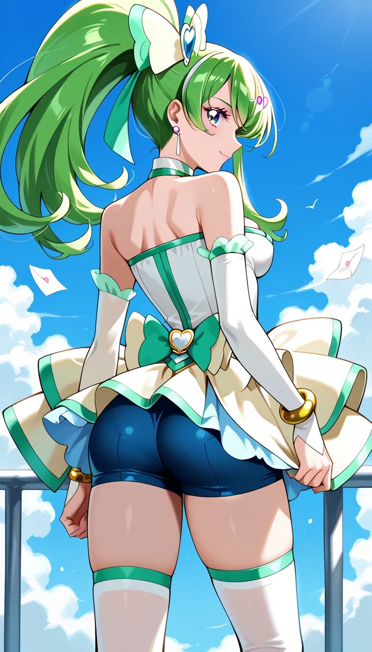 (((back view)))、(((Rainbow Magical Girl Costume)))、((Panty shot))、Beautiful Magician、short brown hair、((whole body))、(((photo taken from below)))、The background is darkness