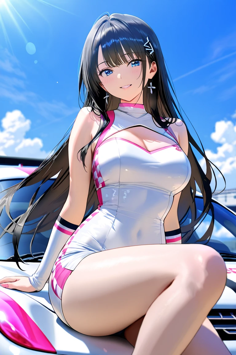 20-year-old woman in bright red and white dress, Colossal tits, large full breasts、biomechanical oppai, loli in dress, oppai proportions, Ecchi, Ecchi anime style,((top-quality)), ((​masterpiece)), Shy smile, Pitch Resuit, Puffy nipple, Shy laughter、Kamimei, knee high stockings, Adult Woman, (cum in vaginas:1.3), cum in mouth, (Overflowing G-string:1.5), Long Wave Hair、dark brown hair, a miniskirt,Race Queen, (shiny skins), Brown-eyed, Kamimei、Long Wave Hair、soft boob、Stockings、up skirt、sexy hips、Large earrings、a necklace、Girl costume printed with sponsor's logo, (Stand in a motorsport race)+, sexy hips、Kamimei、Chest opening、Chest Emphasis Pose、Pink lace panties、lace bra