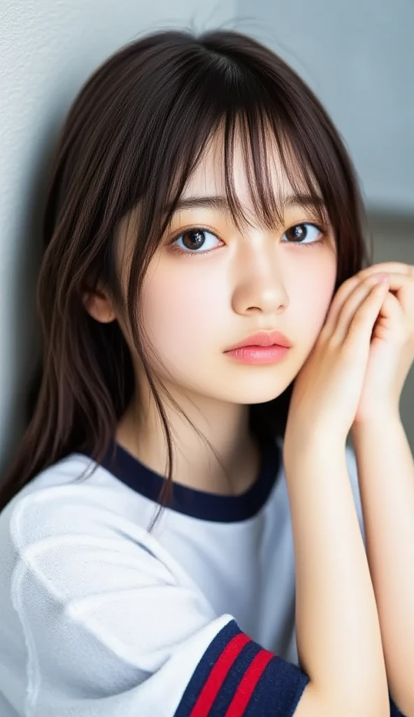 masterpiece, highest quality, 8k, 20th Generation, Big Breasts, cute, alone, sad, cute, Girlish, cute、Delicate girl, Pure beauty,  RAW Photos, Professional photography, Portraiture, Soft Light, Professional Lighting, Backlight, Upper Body, avert your eyes, Sophisticated, Film Grain, (Round face、Young Face、Thin eyebrows、Thin lips:1.0), Floating Hair, beautiful, Flowing hair, bangs、(Big Breasts:1.2)、Pastel colored lace underwear、Voluptuous thighs、dolly make、Heterochromia iridis、Left and right eyes are different colors、Midsummer sky、Cumulonimbus、Summer beach