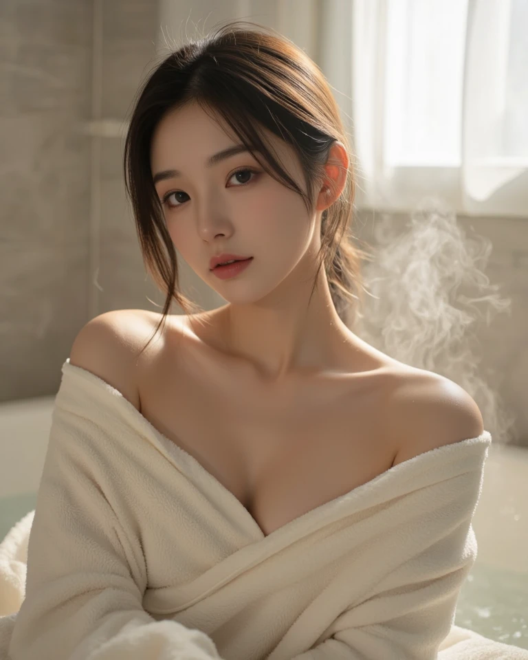 (8k, best quality, masterpiece:1.2), (realistic, photo-realistic:1.37), ultra-detailed, 1 girl, dynamic, beautiful girl, having a shower in the bathroom, Delicate Beautiful Attractive Face, beautiful face, detailed face, perfect proportions, large breasts, hands covering the chest, flowing black hair, beautiful, blushing face, oh face, [biting her lower lip], [eyes half closed], embarrassed , face expression full of desire