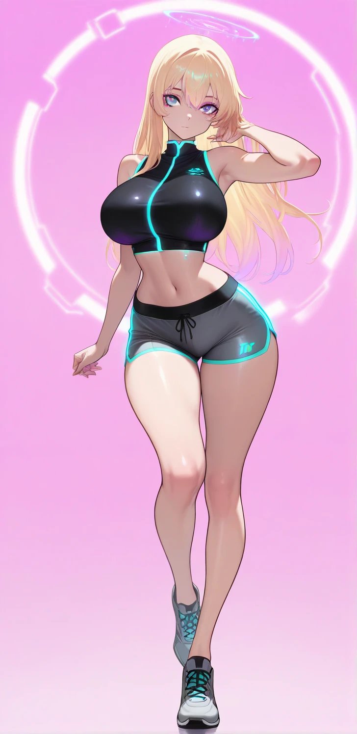 girl, wearing fortnite theme, beautiful smile, big breasts, curly blonde hair, t-shirt up showing transparent bra, transparent panties, fortnite weapons, in a fortnite scene