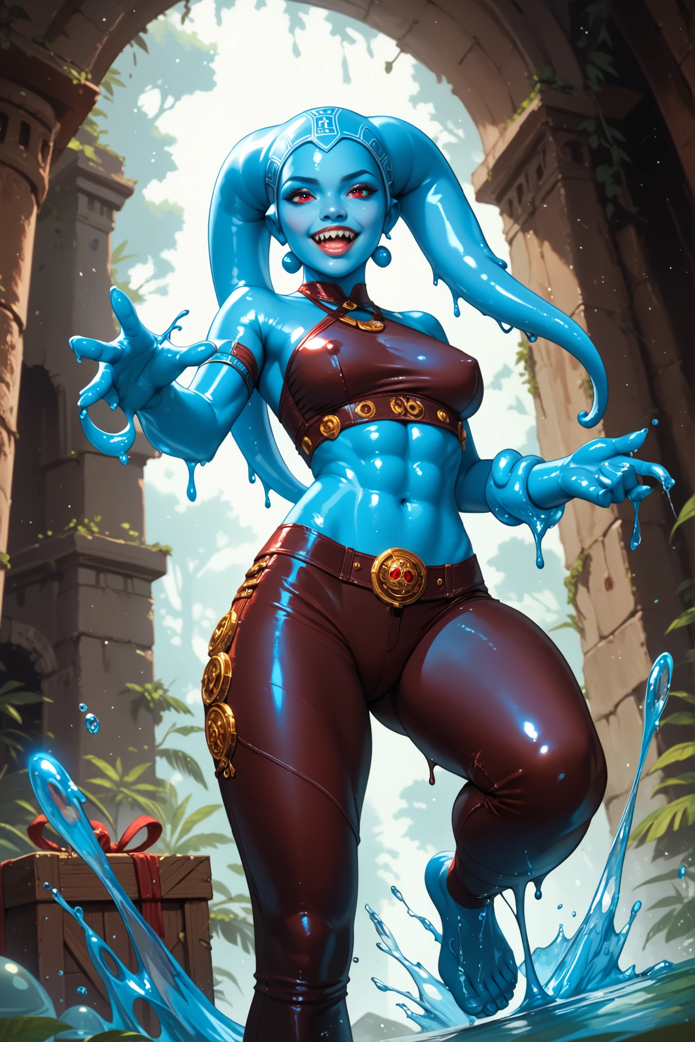 Serious. Slender body. Dripping, shiny skin. Dripping slime-body. Cute 18-year-old slimegirl with big Asian red eyes and unnaturally sharp teeth and dripping Twi'lek-tails. Sharp and pointy teeth. Dripping slime-body. She has a cute and beautiful face. She has a round and young face with a pointy chin. Her body is athletic with abs. She wears intricate, aztec leather clothing. Background: medieval jungle ruins. Realistic lighting. DnD art-style. fake box art, semi-realistic, Looking at the viewer. Splashing slime at enemy warriors.