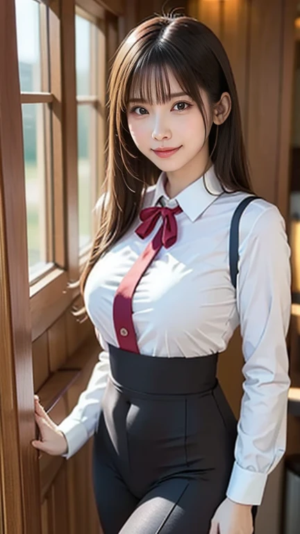 Master masterpiece, beste-Qualit, A high resolution, fel1, Pretty Woman, whiteshirt, Red bow,Cute clothes、collared shirt, Sweater Vest,  Cowboy Shot,  Smiling face, Open your mouth、front、Joy