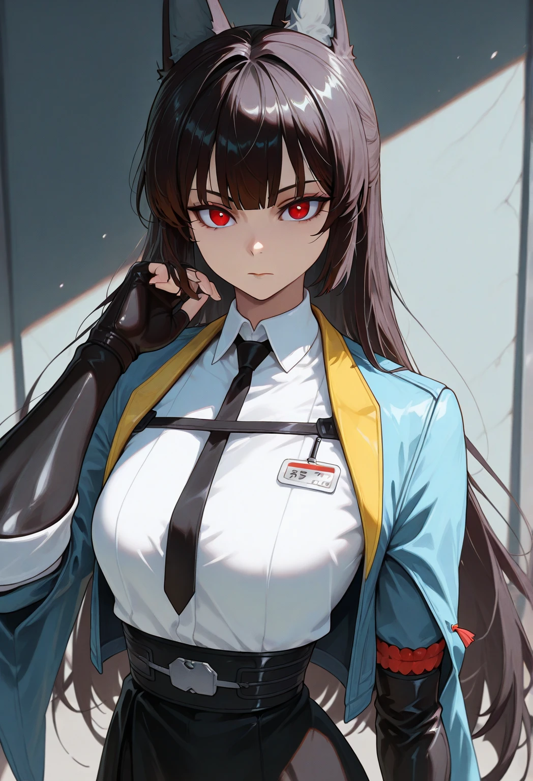 masterpiece, mischievous smile, light blush, looking at viewer, huge breasts, sexy pose, female rean schwarzer, long hair, white coat, black shirt, black gloves, thigh strap, red belt, black microskirt, nipples, detailed white classroom in the background