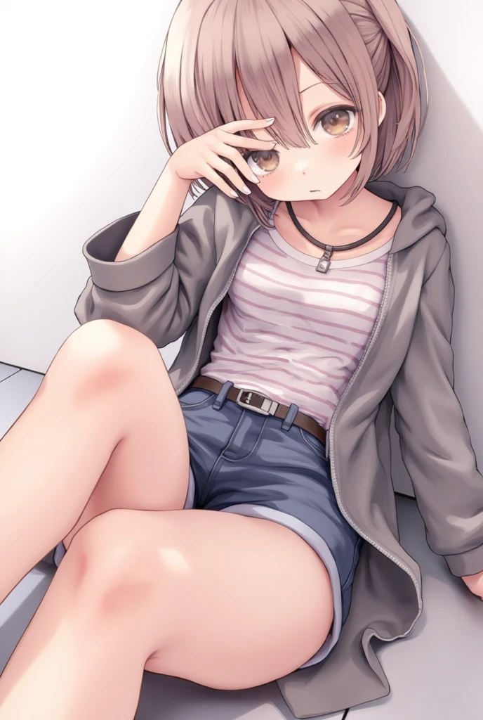 ((Masterpiece)), ((best quality)), ((kawaii)), (flat color), (flat shading), (super detail:1.2),(High Definition:1.3), (Professional Photography:1.2), (wide shot), (very aesthetic:1.2), (absurdres:1.2), (sharp focus), (perfect light), (drop shadow), ((12 years old)), ((1girl)), Glossy skin, (Oversized loose thin T-shirt), (loose-fitting half pants), small breast, (exposed left shoulder), Cute innocent teenage girl, slendar body, slim waist, glossy medium hair, (Naughty smile), :d, open mouth wide, beautiful collarbones, cat ears, pale brown hair, BREAK, ((best quality)), beautiful deep purple eyes, ((glitter eyes)), (Pulling on the T-shirt with hand), (Sitting Inside the hotel room in the late afternoon), Beautiful rufous roses,