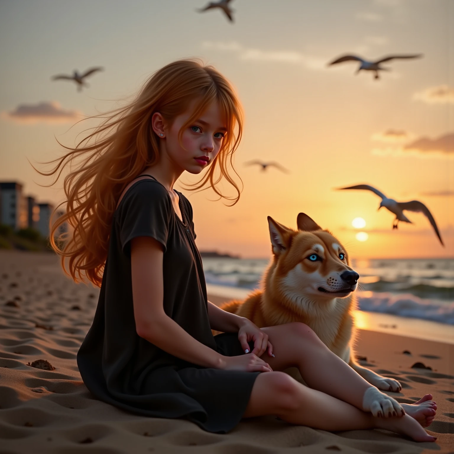 little redheaded girl, lange Haare offen, Sommersprossen, blaue Augen, Stupsnase, rote Lippen, sweet mouth, schwarzes Kleid, sitzend am Strand, Meer, Sonnenuntergang, strokes a lying wolf, They both look into the distance, Muscheln, Seagulls , Realistisch 