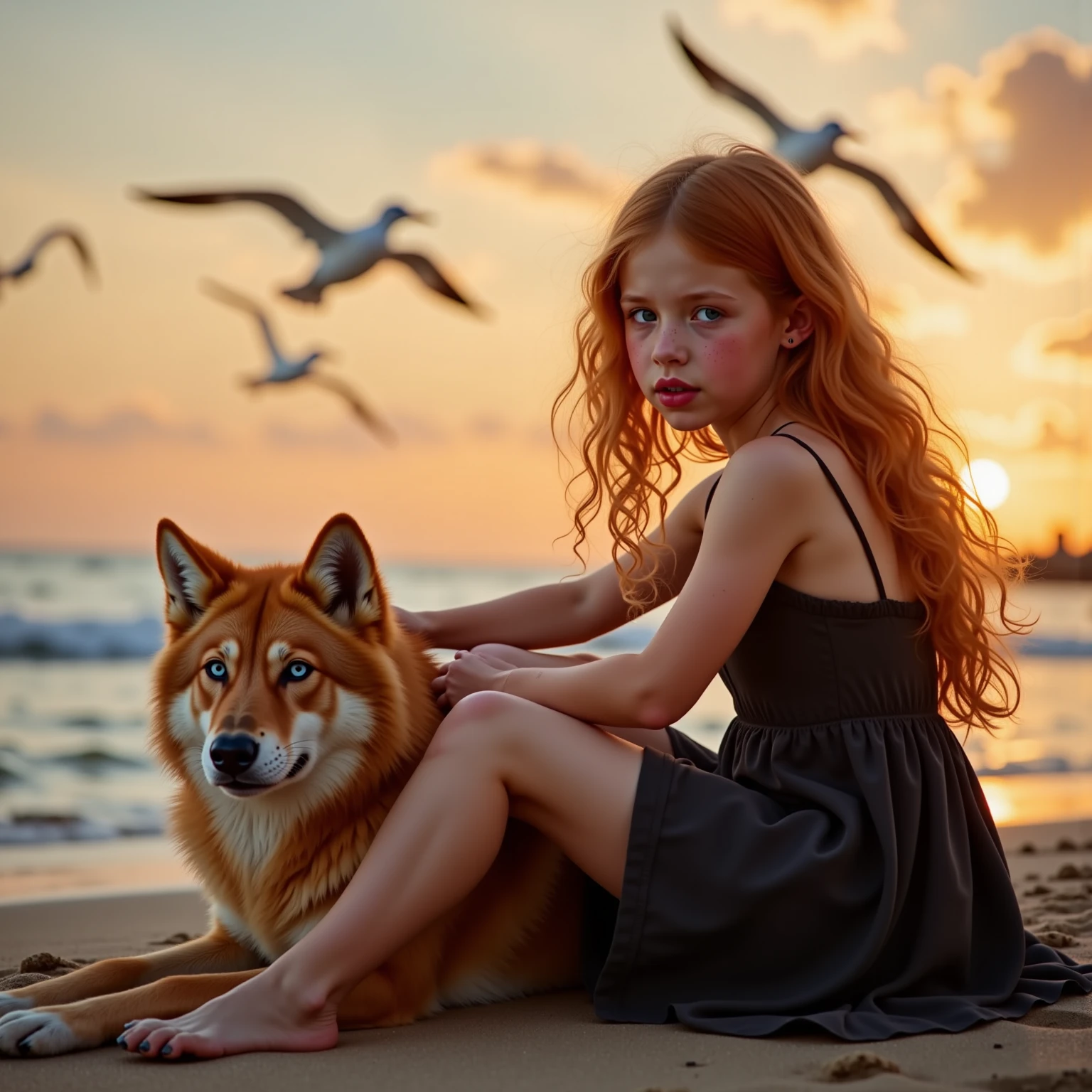 little redheaded girl, lange Haare offen, Sommersprossen, blaue Augen, Stupsnase, rote Lippen, sweet mouth, schwarzes Kleid, sitzend am Strand, Meer, Sonnenuntergang, strokes a lying wolf, They both look into the distance, Muscheln, Seagulls , Realistisch 