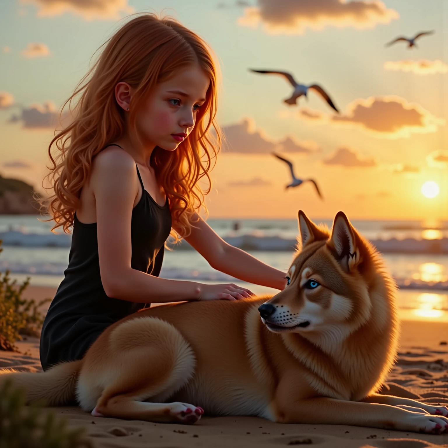 little redheaded girl, lange Haare offen, Sommersprossen, blaue Augen, Stupsnase, rote Lippen, sweet mouth, schwarzes Kleid, sitzend am Strand, Meer, Sonnenuntergang, strokes a lying wolf, They both look into the distance, Muscheln, Seagulls , Realistisch 