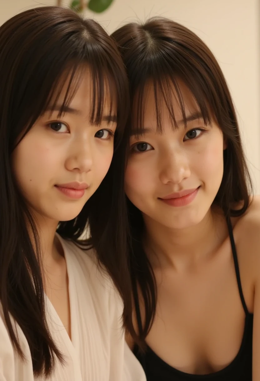 Best-quality, Masterpiece, Ultra-High-Resolution, (Photorealistic:1.4), Raw-Photo, ((1-lesbian-couple), making love in bed, enjoying sexual-activity, looking at each other, innocent-smile),
(1girl, (15-year-old girl), the most famous Japanese idol, extremely childish face, extremely cute face like the most popular Japanese idol, (extremely beautiful short-cut-haired), skinny),
(1woman, (25-year-old), the most famous Japanese actress, extremely beautiful face like the most popular Japanese actress, (extremely beautiful long-hair), perfect-proportion)