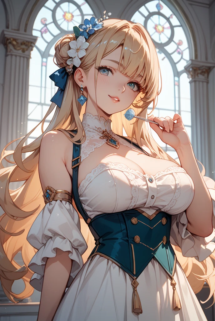 busty readhead smiling when hear music with hedphones and long curly hair, hyper realistic high quality photo quality, with a sound clefs background
