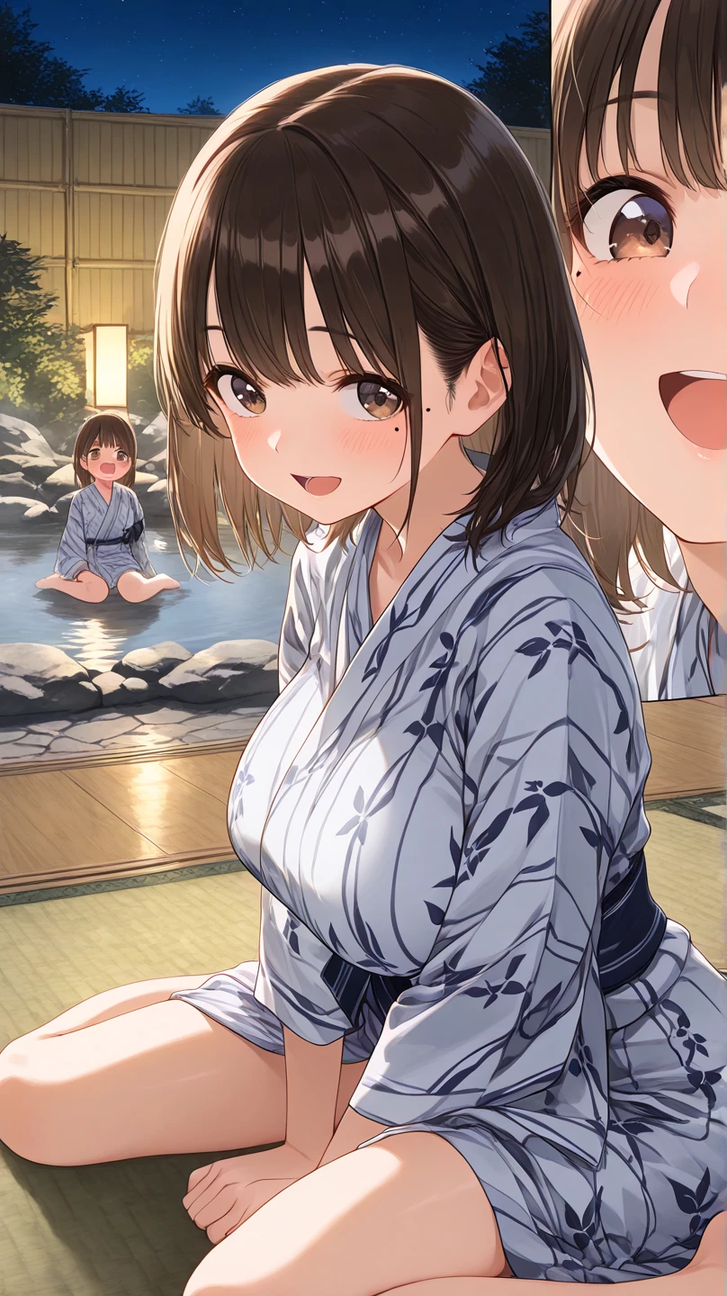 2girls, pov , paizuri, 1boy, ????? between the breasts, breasts squeezed together, onsen, mixed bath, steam, night, cleavage, wet, , naked, nipples, pubic hair, female masturbation