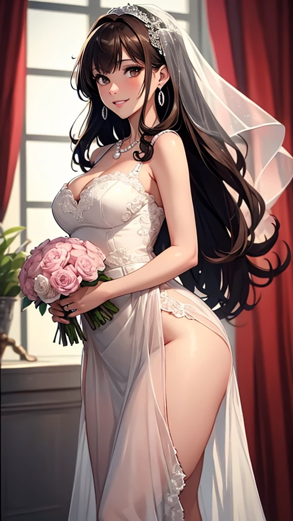 Araffe is wearing a white dress and stockings, holding a bouquet of flowers, a smooth white tight fitting suit, thick, full length and white stockings, white silky clothing, clear curve details, huge breasts, cleavage, mature women, wedding dress, sexy dress, wearing beautiful white, wearing white clothes, wearing wedding dress, maid dress, charming and charming, role-playing