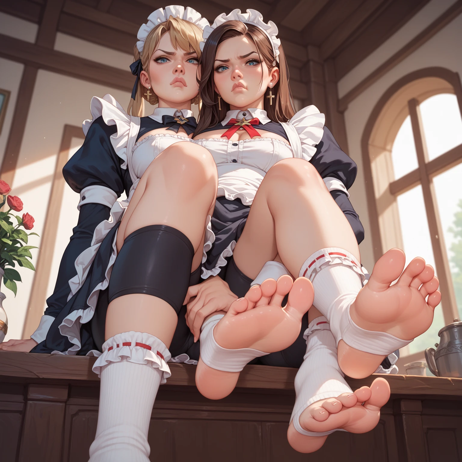 full body of (busty) brunette, ((tied up)), (tightly tied), ((( tied hands to back, rope wraps around body))), wearing formal suit, elegant, classy, ((barefoot ))), (((tied ankles together with ropes))), (((sit tied to a chair))), (((tiptoe))), (((perfect feet))), (((show full body))), hourglass slim figure, best fitting long pencil skirt, tight turtleneck top, waist belt, (tight skirt), big butt, wide hips, thick thighs, standing straight, seductive, breathtaking, skin texture, blonde, pantyhose, perfect skin, loft restaurant, highly detailed, fit model, struggling, natural colors, natural lighting, muted colors, 8k, professional photo, transgressive art, (looking at camera)