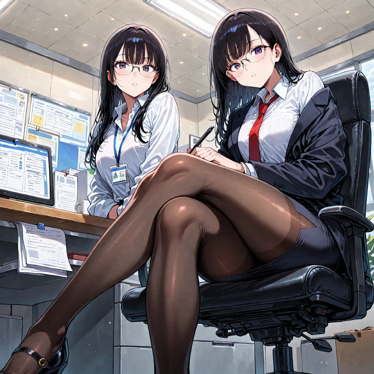 office,ID card,Bob,cover eyes,Sucking fake,open mouth,Girl sitting on a chair:1.5,rope,Tie your arms behind your head,dark,Miss,Sexual arousal,Pencil Skirt,High heel,Aheiyan(Sitting astride,Banging bare pipe with shorts), Open your legs, Leg lift, (Round Face), open mouth, Worker clothing, , In the factory, machine, ceiling, Shorts and pantyhose,
