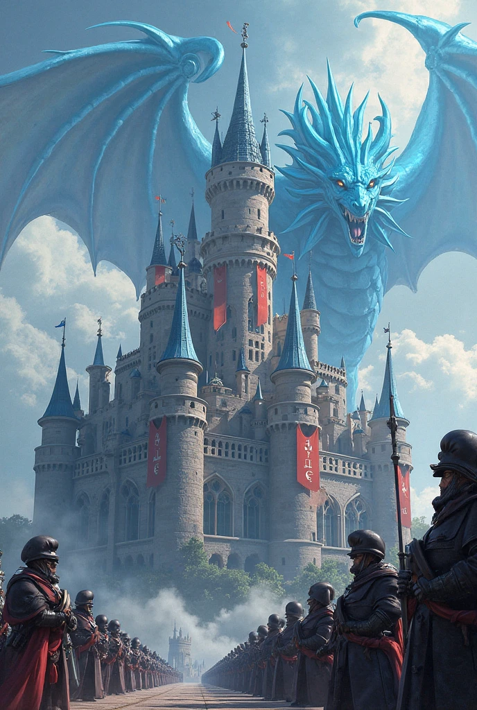 a big castle on a mountain, a beautiul dragon flying near to the castle, a lake in the background, a sunset with a lot of clouds and stars.