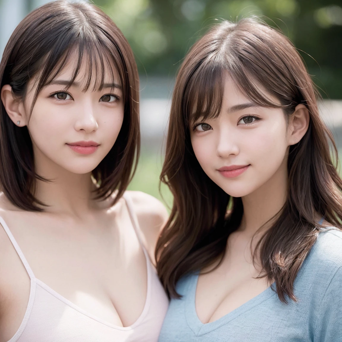 (2girl:1.3), masterpiece, best quality, ultra-detailed, intricately detailed hyperdetailed, realistic, sharp features, highly detailed, sharp focus, (close-up:1.1), Attractive 2 Japanese woman Pictures, (18 years old:1.3), perfect face, perfect symmetrically eyes, perfect full lips, hyper detailed, hyper realistic, high resolution, Fashion Model, Slender, Japanese Idol, brown hair, Stylish, Realistic, Photorealistic:1.3, Beautiful Face, light brown hair, messy hair, asymmetrical bangs, (hug each other:1.2), (seductive smile:1.2),