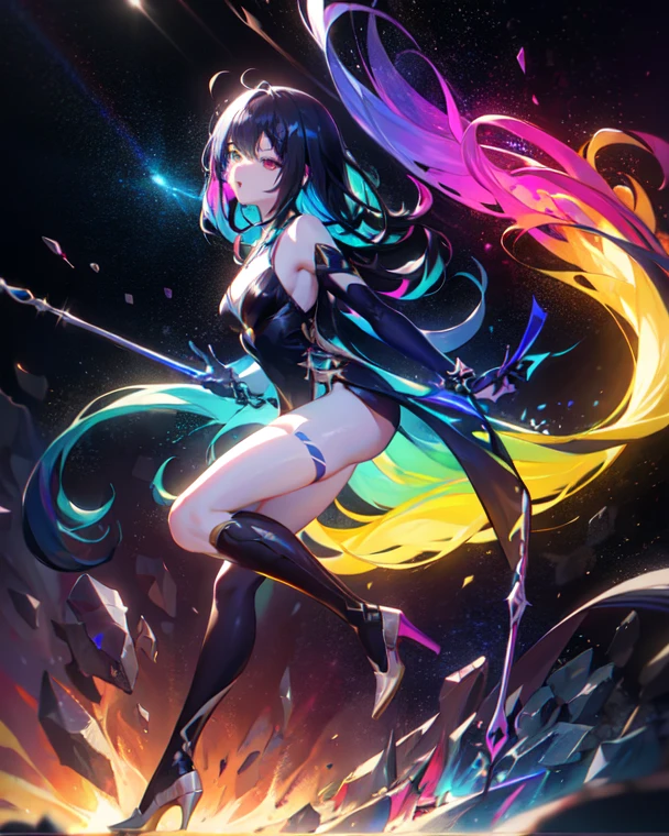 (Full body posing:1.5), (cartoony:1.5), (colorful:1.2), Dynamic angle, (extremely detailed CG unity 16k wallpaper:1.1), (Denoising strength: 1.45), (tmasterpiece:1.37), beautiful detailed glow, detailed ice, beautiful detailed water, red moon, (magic circle:1, 2), (beautiful detailed eyes), expressionless, beautiful detailed white gloves, own hands clasped, (floating palaces:1.1), azure hair, disheveled hair, long bangs, hairs between eyes, dark dress, (dark magician girl:1.1), black kneehighs, black ribbon, white bowties, midriff, {{{half closed eyes}}}, big forhead, blank stare, flower, large top sleeves, illustration, god rays, sparkle, glowing light, (((masterpiece))), best quality