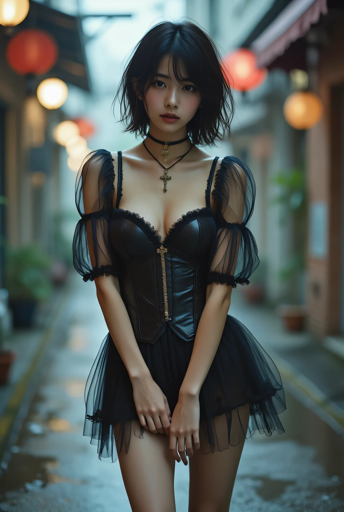 (best quality, Super detailed, masterpiece:1.2), 1 female, very thin body, long and thin legs, black short hair, thick and fluffy bangs, highly detailed face,, small and thin nose, small thin mouth, very sharp focused eyes, Japanese, beautiful face, realistic eyes, fine and beautiful eyes, real looking skin, beautiful skin, charm, (lifelike face), beautiful hairstyle, Victorian style black rubber suit, design with gothic elements, accessories include leather items and studs, chain is important, spooky and unique hairstyle, high image quality, vibrant color palette, mysterious and strange cityscapes, fantastic locations, Tim Burton's signature dark shadows and bizarre details, In the background, countless red roses are in full bloom. The crimson petals are densely packed and spread out like a red carpet.