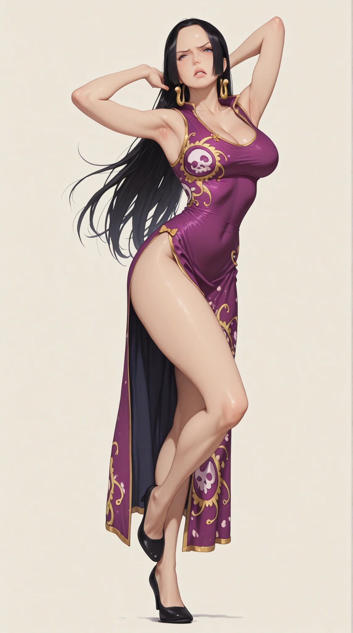 ((work of art)), ((highest quallity)), (very detailledな), ((cute)), cute, (kind), ((sexly)), (Device), ((very detailled)), 4K, (8k), highest quallity, (comely), anime styling, genuineistic, genuine, dynamic angle, looking from bottom to top, whole body concentration, on the train, giorno, a cute girl, ((Hancock 1, a girl, Boa Hancock, aretes, breasts big, neckleace, long hair, dragonas, cape, top cut, longsleeve, side slits)), breasts big, ((panties pink)), a light smile, Ablaze, Glow Up