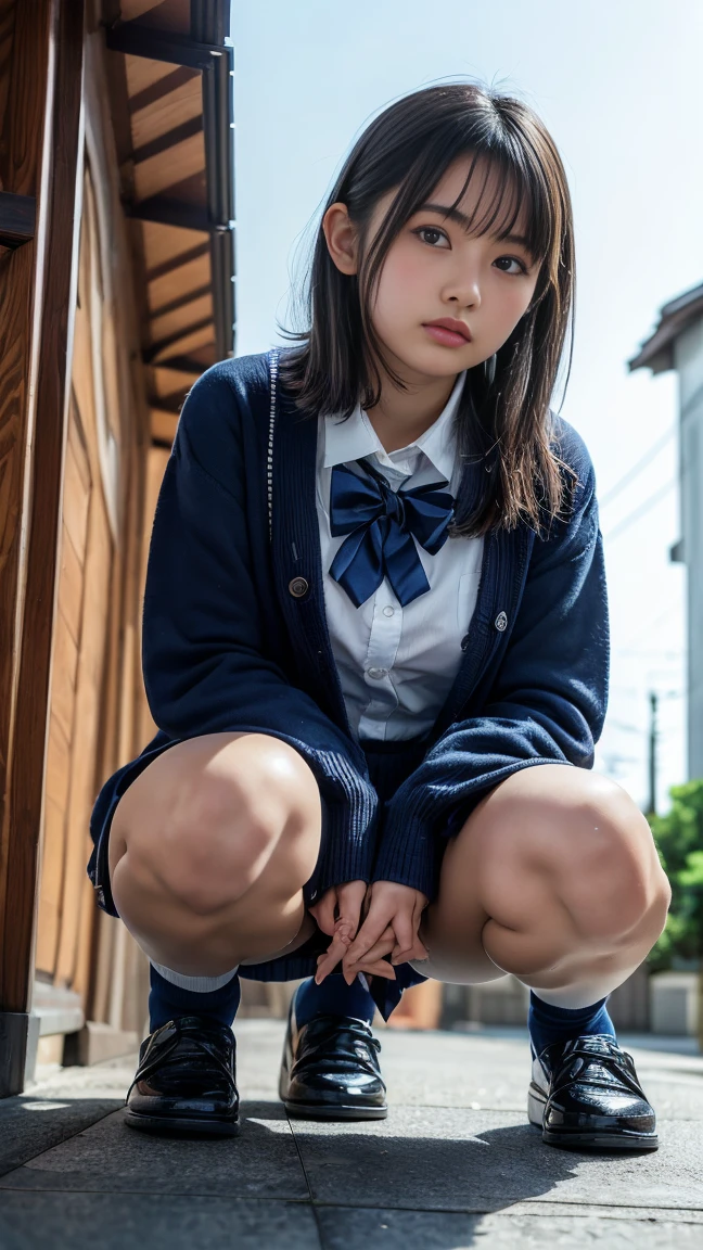 Highest quality, masterpiece, Ultra-high resolution, (Realistic:1.4), Raw photo, Very detailed, Perfect Anatomy, One girl, 12 years old, Most popular Japanese idols, Squat down with your feet tightly together, Put your hand on your cheek, On the streets of Japan in winter, An innocent smile, View your viewers, ((Panty shot, Under the skirt):1.3), (((Wearing white panties))), Detailed white panties, Very beautiful thighs and knees, ((extremely beautiful detailed crotch Wearing white panties)), Very beautiful legs, (She is wearing a navy blue pleated skirt and a brown duffle long coat.), Navy blue pleated skirt with attention to detail, Brown duffle long coat with attention to detail, Wearing black loafers and white socks on both feet, Very cute face like a famous Japanese idol, Very beautiful big black round eyes, Very beautiful black short hair, Cute face with attention to detail, Large, detailed, round black eyes, Detailed beautiful short black hair