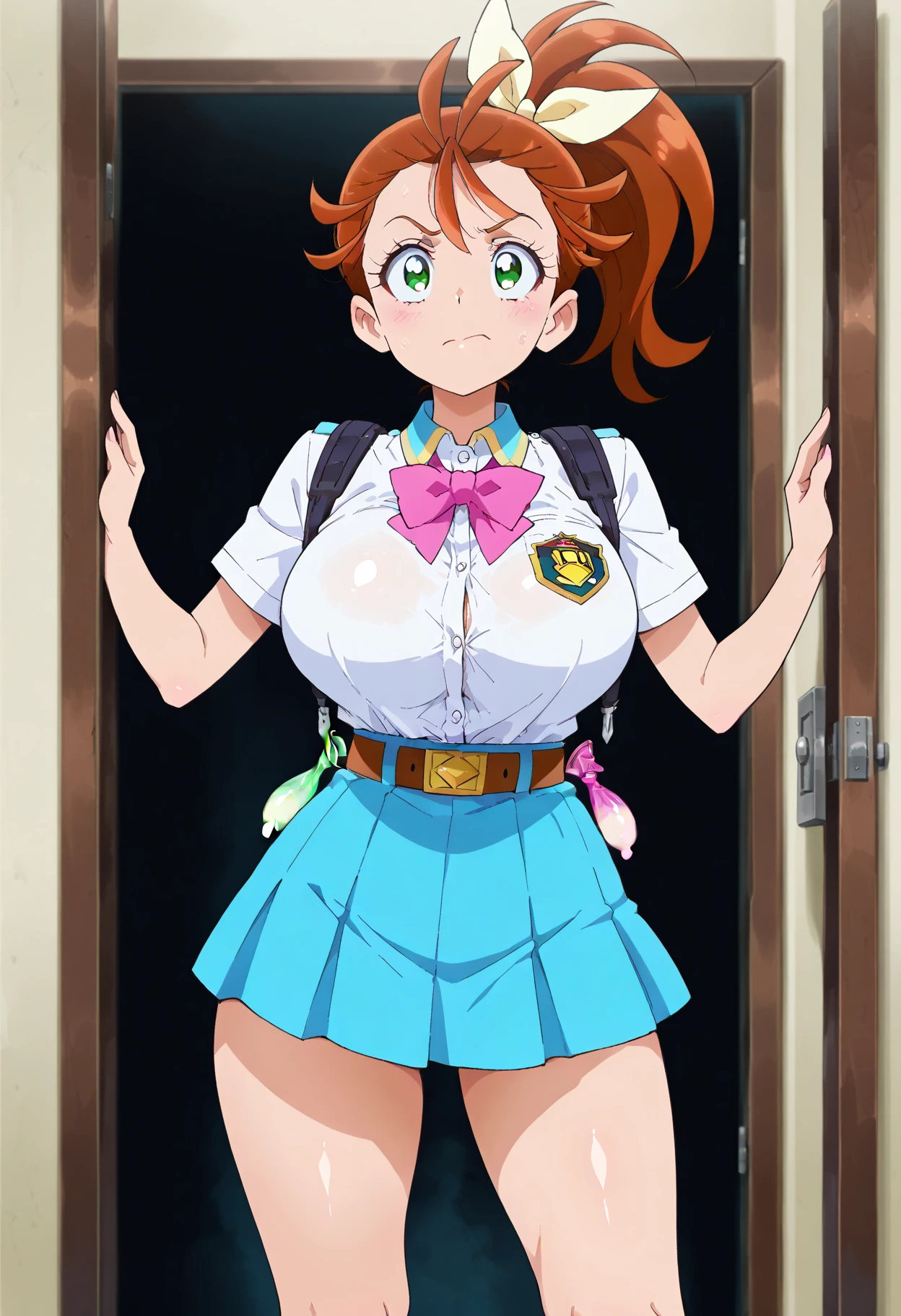 score_9, score_8_up, score_7_up, source_anime, anime screencap, anime coloring, 1girl, ochako uraraka, brown hair, short hair, smile, micro bikini, long groves, zettai ryouiki thighhighs), standing, looking at viewer, indoor, classroom, erect nipples, huge breast, skinny, milk stains, natural armpit hair, Unshaven Pubic Hair, futa, flaccid_penis, precum, (skinny), Thin and with prominent ribs, nsfw, standing, hands on hip, (short stack:0.5), cowboy shot