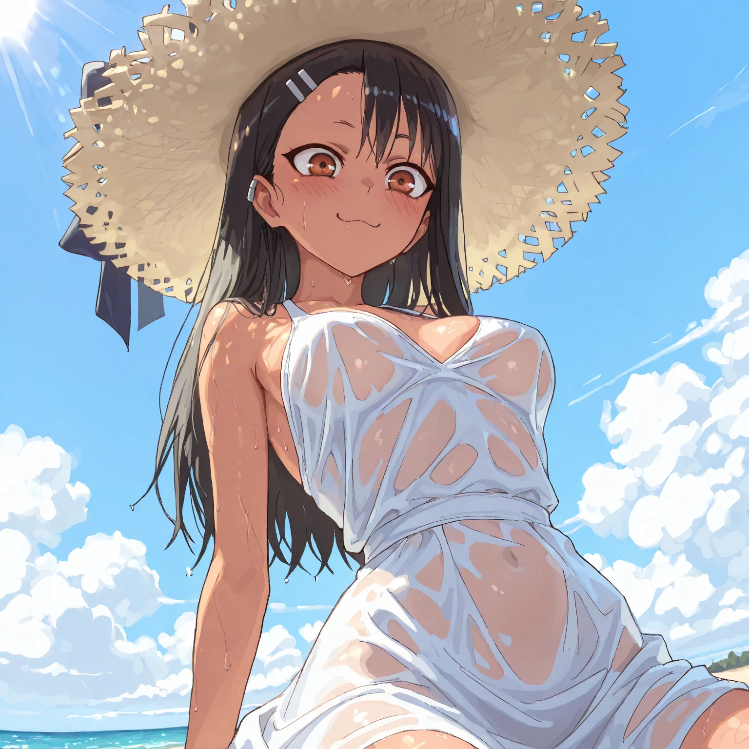 1girl, sundress, straw hat, dark skin,  <lora:lonav2:.8>