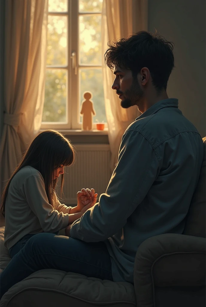 The boy kneels in front of his father, clutching his father’s legs, crying and apologizing. The father, though emotionally moved, gently places his hand on the boy’s shoulder, comforting him. The mother stands behind, also emotional but relieved. The room now feels filled with love and understanding.