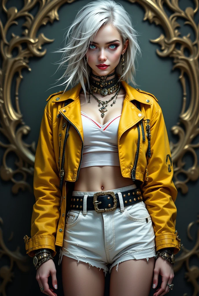 (best quality, 8k, highres, photorealistic:2.0), (solo, one girl:2.0),(lighting:front),(lighting: strong),(american beauty:2.0),(women of adult age:1.6),(girl is very muscular:1.5),(shiny skin:1.5),(oily skin:1.5),(platinum blonde hair color:1.5),(flat chest:1.5),(((small breasts))),(hip hop graffiti painted wall background),(ultimate beautiful girl),(energetic woman),(slut girl fashion style wear),(((Super low rise pants))),((jacket zip full open)),(navel is visible),(abdomen is visible),(waist is visible),(((hip hugging pants))),Blush brown makeup , dark eye makeup ,pink lipstick,(big eyes girl:1.3),(((girl's sexual charm))),(The girl's amazing sex appeal),(unzip pants:1.5),(Open the bottom zipper:1.5),(gold necklace),