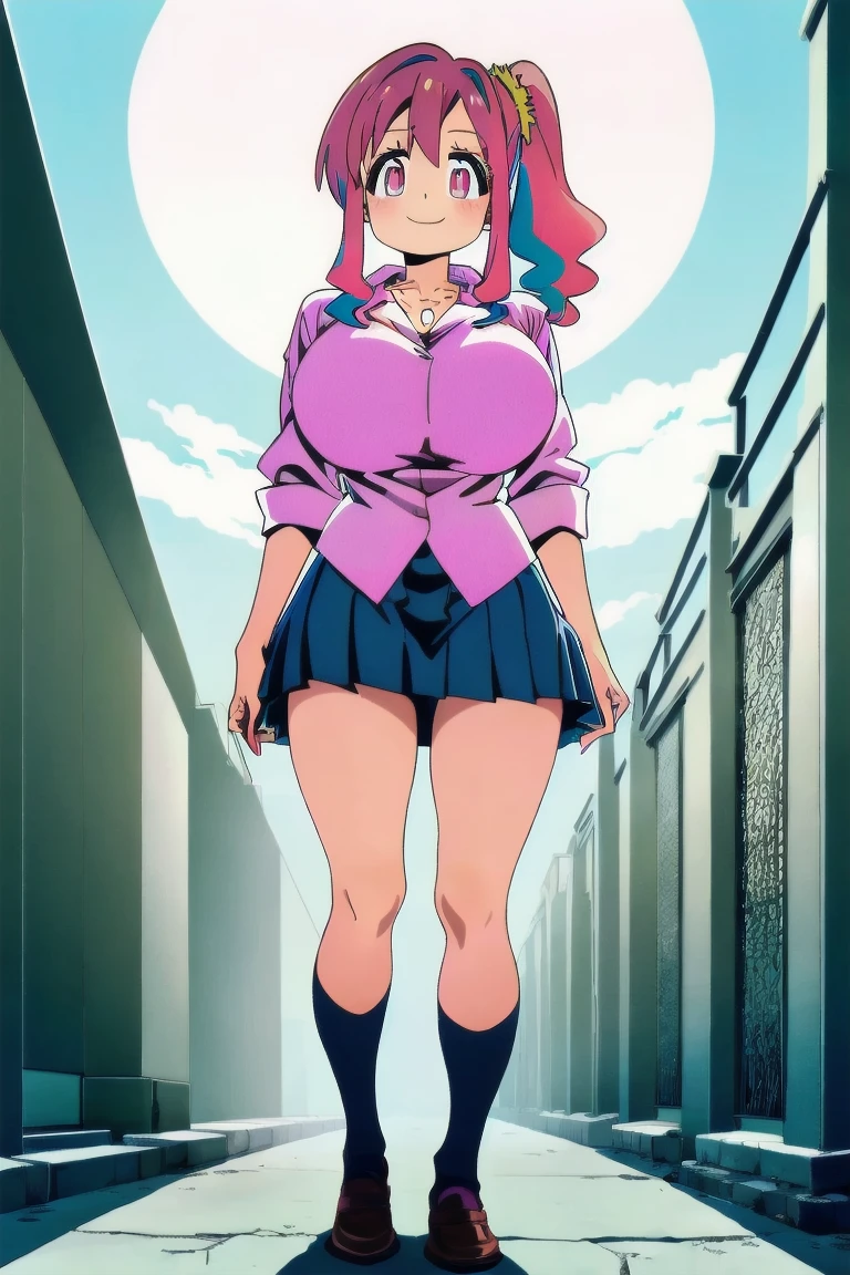 (Masterpiece, Top Quality, Highly Detailed, 16K Anime High Resolution, Anime Style, Clean Brush Strokes, Highly Detailed, Anatomically Perfect Body), ((Hayami)), Solo, Perfect Face, Innocent Beautiful smile, beautifully detailed eyes, slightly droopy, blue eyes, (blue hair, long hair, waves), glamorous body, (big breasts: 1.6), (bra, lace, ruffles), (high legs) panties, pink), wide hips: 1.4, big butt: 1.6, high body, beautiful legs, (standing, front), facing the viewer, (city background), photo taken above the knees, taken from a low angle,