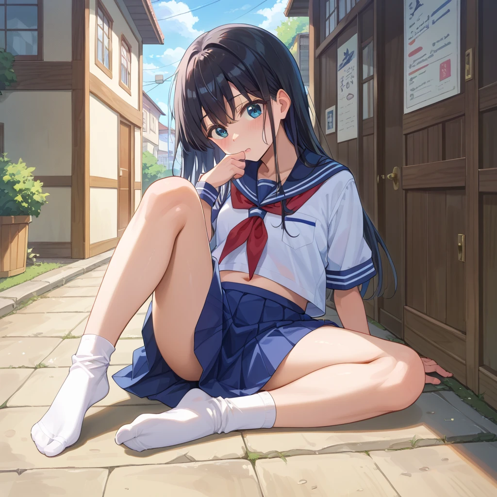 Japanese blue haired schoolgirl teen sitting on a bench while she melts a black dildo in her vagina full of semen anime style