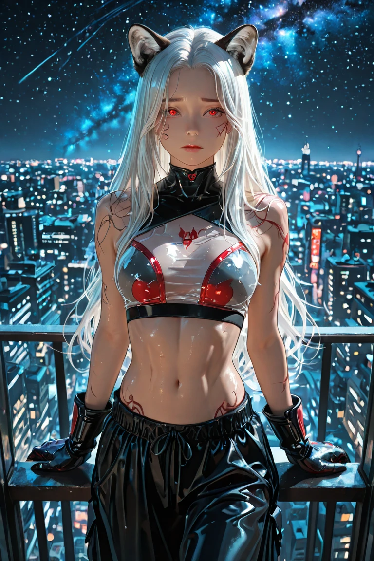 (Picture quality: best, super detailed, 8K HD), (subject: red-eyed beauty swimsuit, unique anime style), (scene: urban architecture, dynamic angle), (lighting: warm summer sunrise, highlight the charm of the characters), (dynamic effects: flying long hair, soft motion blur), ([white hair color, red eye close-up]: 1.5)