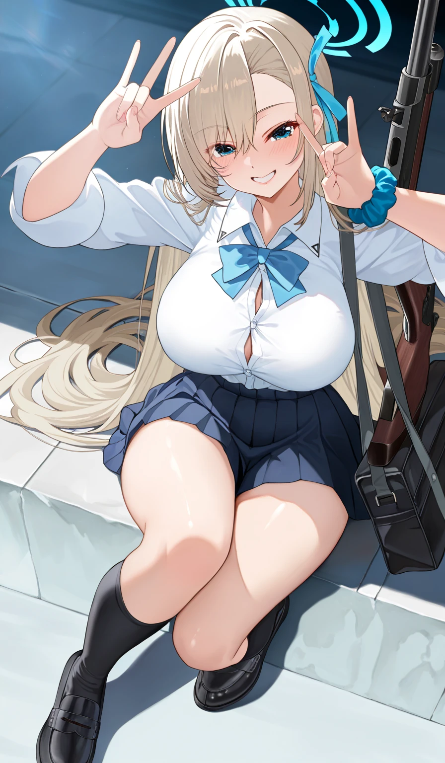 最high quality, 8k, High resolution, high quality, masterpiece, beautiful, (Anatomically correct:1.2), 10th Generation, A beautiful woman, Silky pale blonde, Twin tail hair, Light purple eyes, Beautiful Skin, Attractive person, student, Soft looking super breasts, Short stature and glamorous figure, Cheerleader, playground, seductive smile, from below, girl trembling with sexual climax, Hands behind back, (Squat), Underboob, Belt on thigh, Steam used condom hanging from belt,