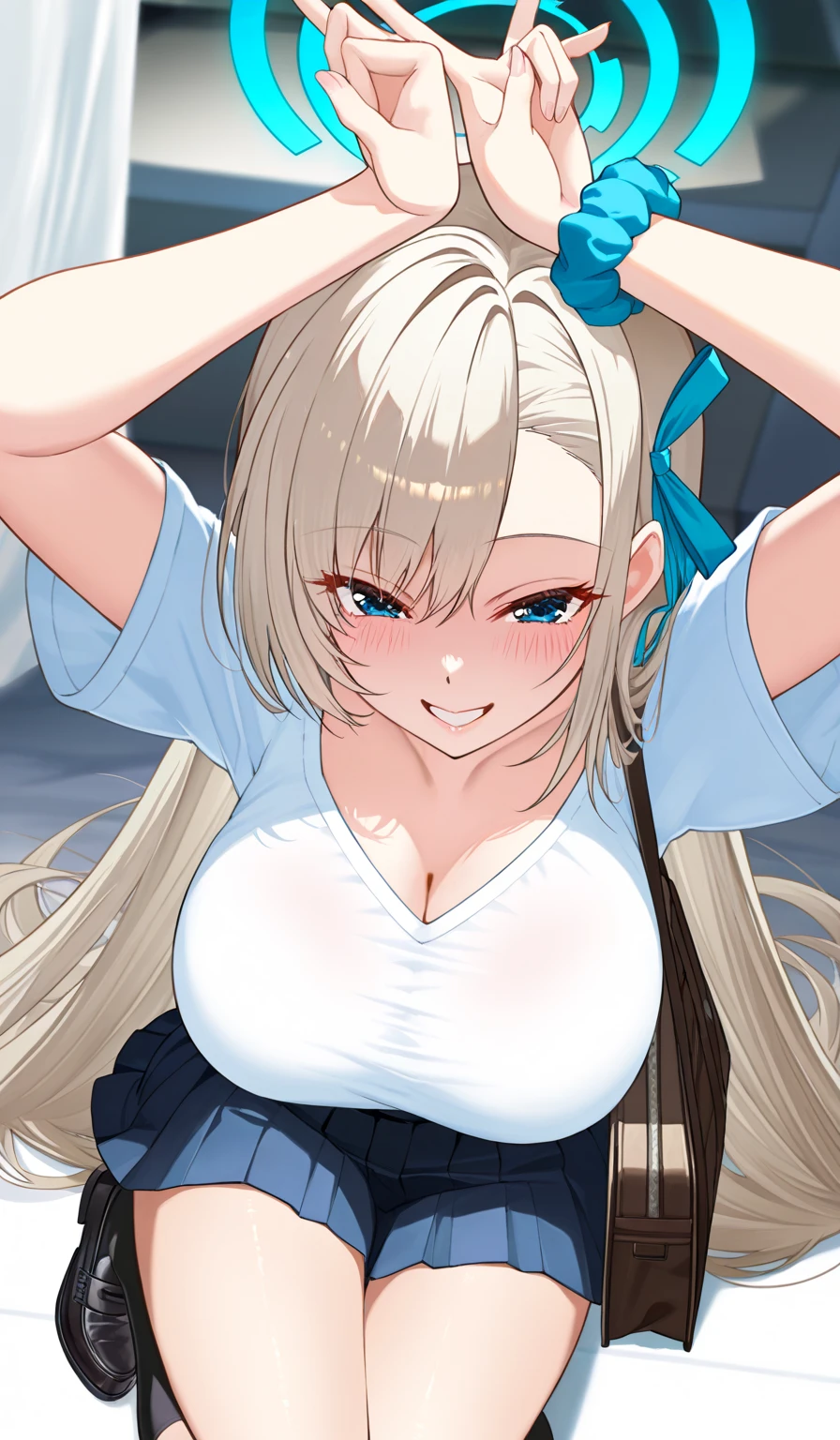 (Best quality:1.3), blonde twintails, large breasts, off shoulder shirt, cleavage, smiling, (pov, close shot), MyleneHFV4