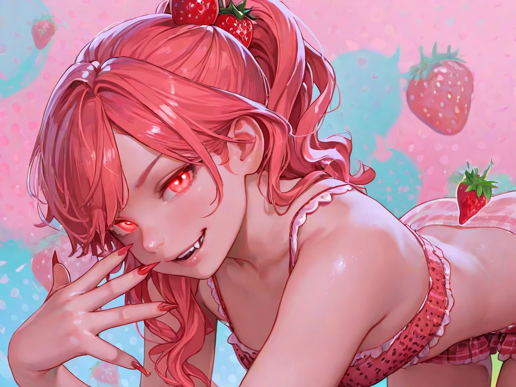 Strawberry alien with strawberry-like skin turtleneck leotard, big breasts