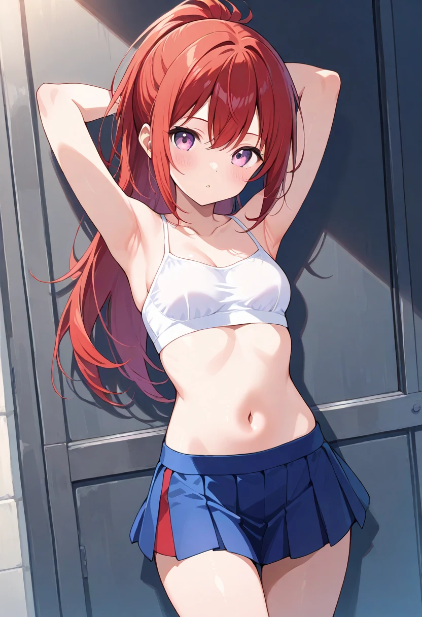 An anime girl with red hair and blue eyes wearing a skirt and an open shirt revealing a black and red bra