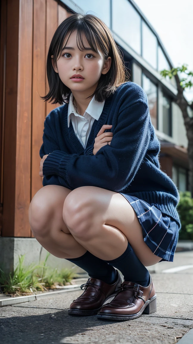 (realistic, photo realistic:1.2), ((highest quality)), return center of gravity, pretty embarrassing, white panties, (show panties:1.4),Tight Skirt, (panty shot:1.3), (pull up skirt:1.3), (squat:1.4), put the heel on the ground, spread your legs a little, squat with your knees up, put your butt on the ground, wearing white sneakers, beautiful face details, real human skin, gentle expression, Front view, angle from below, realistic, photorealistic, cute, short pleated skirt, squat deep on school grounds, cute , wearing long-sleeved clothes, whole body,smile, natural smile, charming smile, enchanting smile, (looking at the viewer:1.2), from before, from below,((short hair))