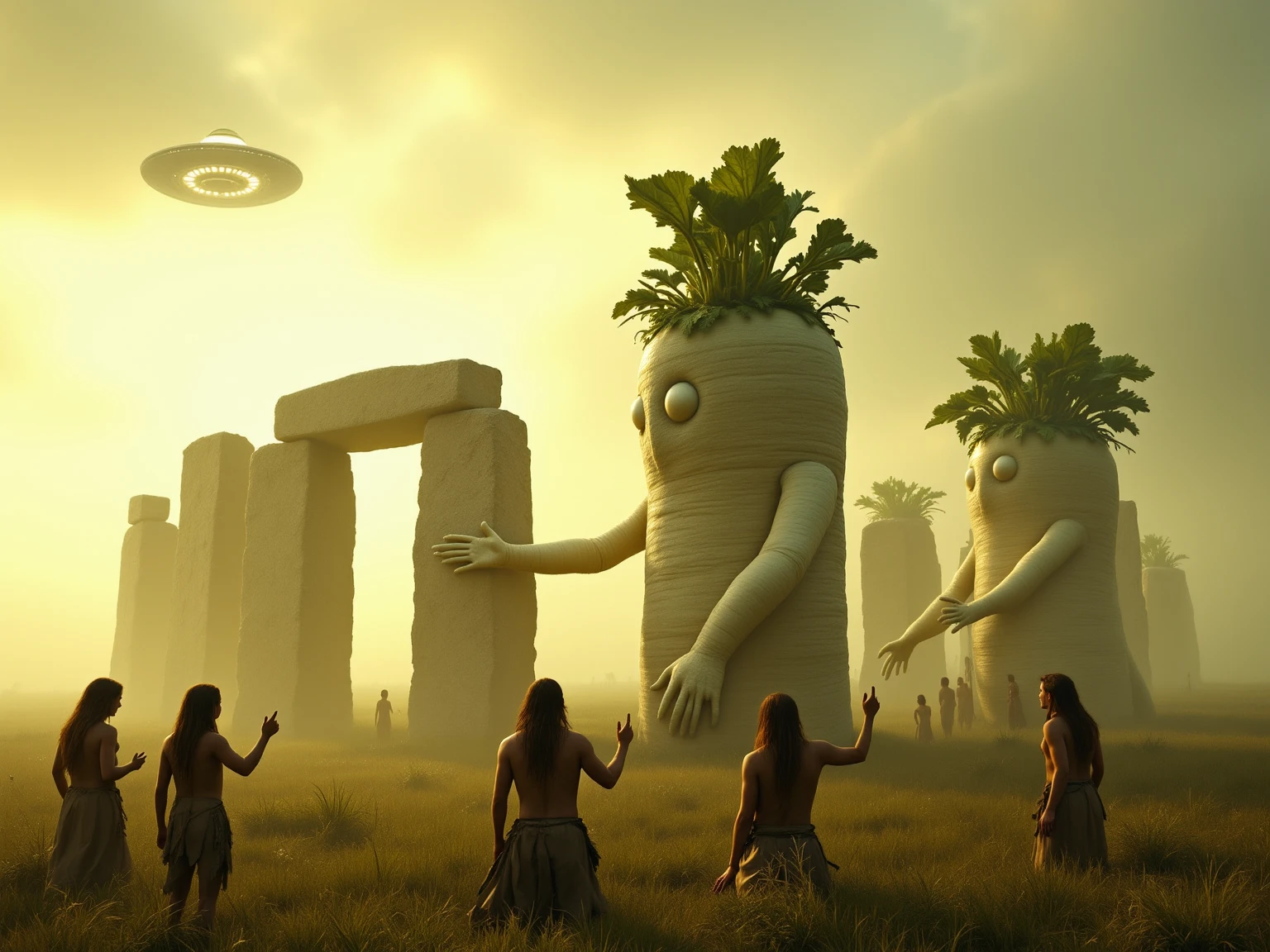 A surreal, cinematic reimagining of Stonehenge under construction—except the towering megaliths are not stones, but massive humanoid daikon radishes with leafy green tops and long, root-like arms. Several of these daikon aliens are shown lifting and aligning the stone lintels into place. The scene is set at dawn in a misty field, with soft golden light filtering through low clouds. Nearby, prehistoric humans in animal-hide garments and with long, unkempt hair look on in awe—some gesturing toward the daikons, others kneeling or offering gifts. The humans are small and primitive by contrast, evoking the Neolithic or early Bronze Age period. In the sky above, a glowing saucer-shaped craft hovers silently, backlit by the mist. The atmosphere is mysterious and reverent, as if witnessing a myth in the making. Hyperrealistic cinematic fantasy with soft volumetric lighting and earthy tones.
