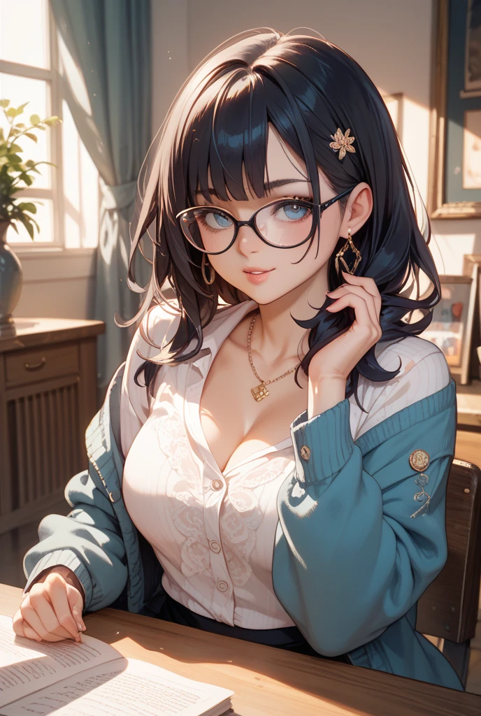 (masterpiece:1.2, best quality), (1lady, solo, upper body:1.2), clothing: loose-fitting, comfortable pajamas Accessories, detailed the hand, Hair: Short dark blue shoulder-length hair Makeup: natural, glowing skin, behaviocing the table, sitting at the table, smiling location: study, study desk, blue eyes, huge breasts, wearing a glasses