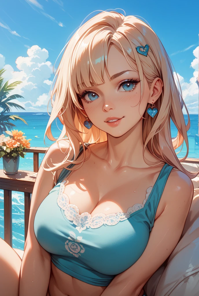 (best quality, 8K, masterpiece:1.3), pretty Woman, 1 girl, beautiful face, (Sexy), blonde hair, curly braided ponytail, White vest, Ultra-detailed face, Detailed lips, super detailed eyes, double eyelids, long upper eyelashes, Soft skin, HD skin, Maldive, Maldive Islands, beach, Vacation Homes, 8k, Super detailed, best quality detail, retina, Ultra-high resolution, masterpiece, ccurate