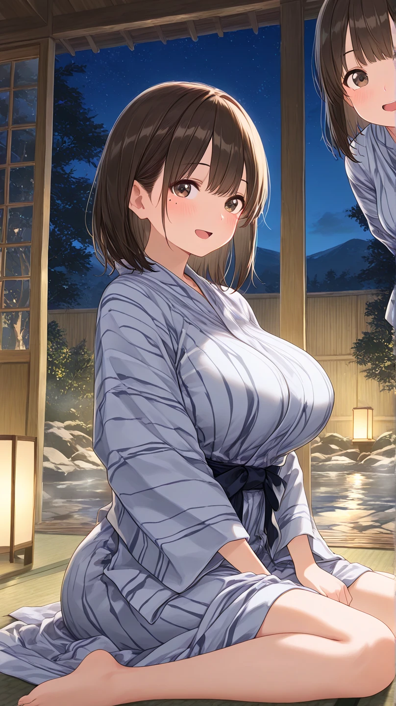 (best quality:1.5, highres, UHD, 4K, detailed lighting, shaders, HDR), brown ponytail, mature woman, forehead, large breasts, off shoulder kimono, cleavage, smiling, standing, sexy, erotic, lewd, nsfw, close shot, night background