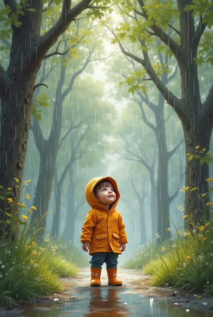 masterpiece, best quality, forest, rain, 1boy,yellow raincoat, glow magic ,fantasy<lyco:GoodHands-beta2:1.0> ,