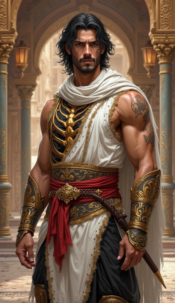 (man:1.5),1 man,male, muscle, 1boy, Mature man,45 year,1 man,macho man,((black hair)),(((A Somali with dark skin and a beard, his beard is black, he is Muslim))), (((gold_eyes:1.3))),intricate eyes,beautiful detailed eyes,symmetrical eyes,perfect face,
(male muslim),
(((lustrous skin:1.5,tanned skin,skin tanned,shiny skin,very shiny skin,shiny body))),distracted
He wears a white robe and a white turban,arabic pants,((bulge in pants)),turban, arabic clothes,(((intricate outfit,embroidered outfit,ornate outfit,intricate clothes,embroidered clothes,ornate clothes))),
dynamic pose,looking at viewer,smug,(masculine attitude),centered,scale to fit dimensions,Rule of thirds,
outdoors,(Arab palace,Arab palace background,pyramids in the background),scenery,(oasis,oasis background),extremely scenery,(puddles everywhere,moss,moss on the background),clouds,Arab style,Arab castle,lily pads,palms,reeds,(sunset, golden hour),
(Glossy Arab ornaments),highres,sharp focus,(ultra detailed,extremely detailed),(photorealistic artwork:1.37),(extremely detailed CG unity 8k wallpaper),(((vibrant colors,vibrant theme))),(intricate),(masterpiece),(best quality),artistic photography,(photography taken by sldr),(intricate background),perfect rendered face,perfect face details,realistic face,photo realistic,((intricate detail)),(((realism))),
sultry look, seductive,