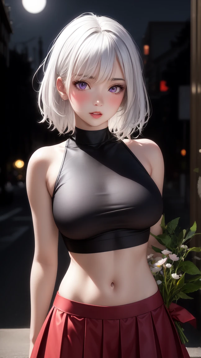 realistic, 1 girl, white hair, purple eyes, glowing eyes, crop top, see through pinky skirt, living clothes, parted lips, blush, night, flowers, sun, sunlight.