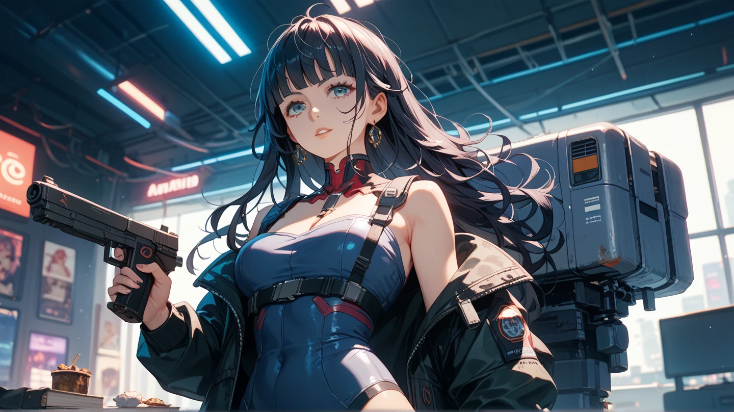 最high quality、best image quality、masterpiece、teenage girl((18-year-old、 By becoming、vest bust、medium bust,wide open breast tea、black eye, black hair、long hair、thin,highest valley、Perforated gloves、blue earrings、bandana、black stretch work clothes、There is a spanner、the whole body gets dirty)),high quality、beautiful art、background((fighter jet、hangar)),debris flies、Depth of written boundary、movie、visual art、perfect art、8K,genuine