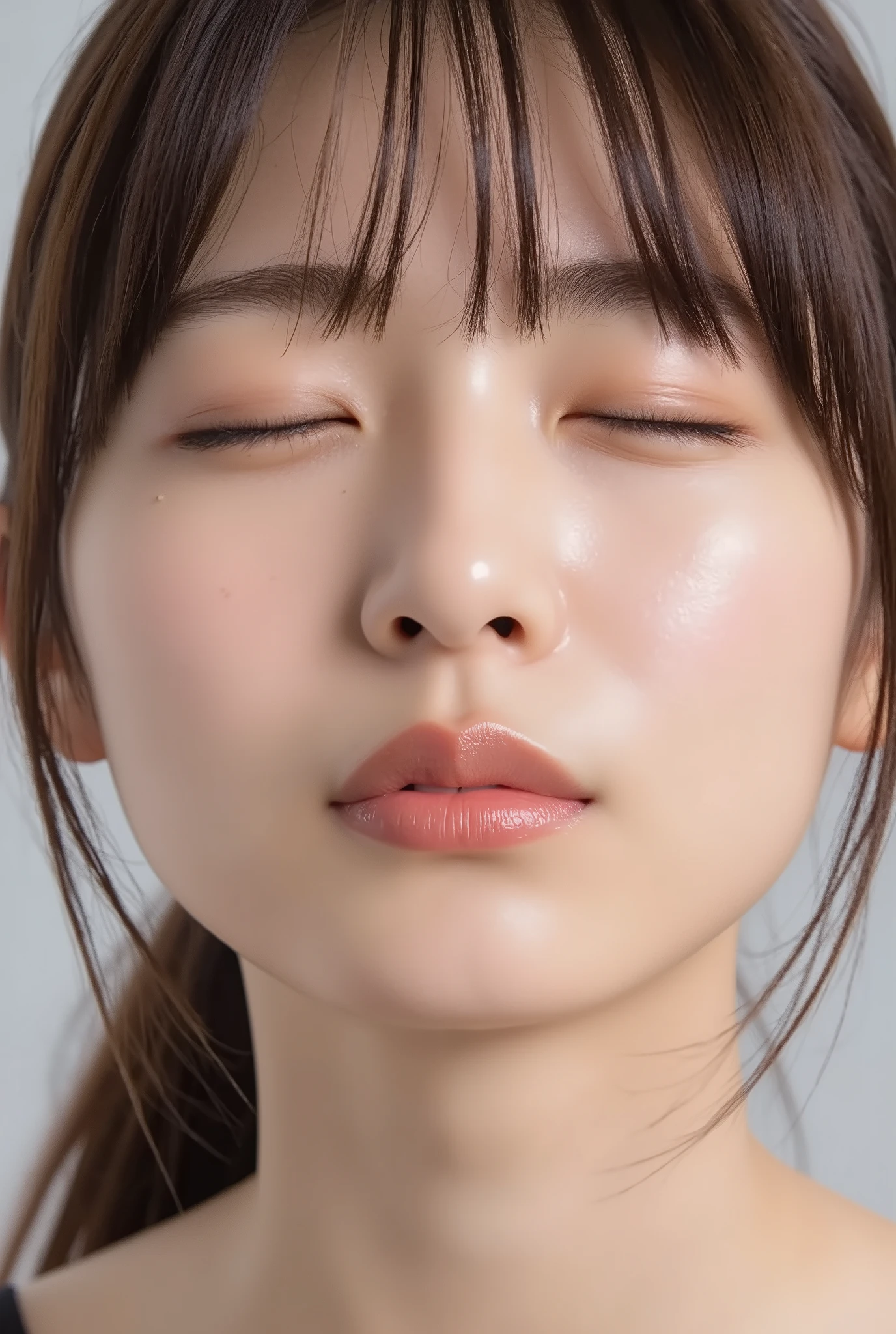 ultra-detailed, ultra-realistic close-up portrait of an adorably cute young girl, collarbone-up framing, captured from a slightly elevated angle (approx. 35 degrees), soft natural lighting with white seamless studio background, full head and face visible, chin gently raised, eyes closed in blissful emotion, expression overflowing with pure affection, longing, and gentle euphoria.

Her cheeks and ears are flushed with warm pink tones, conveying a bashful, dere-dere mood. She has a dreamy, lovestruck smile as if begging for a kiss. Her lips are tightly pursed, extremely protruding forward into an exaggerated O-shape, resembling a small, rounded whistling mouth. The lips are glossy and moist with ultra-sharp highlights, emphasizing the 3D curvature and natural softness. Lip edges are clearly defined, shaped like a perfect small circle, glowing with gloss focused around the rim, drawing all visual attention.

Skin has natural, matte texture with high realism—light peach fuzz visible, soft shading for facial volume. No makeup except for hyper-glossy lips. Her hair is styled in a modern half-up, softly flowing, slightly tousled. She wears a sheer black camisole strap subtly visible on her shoulder, adding elegance and modernity. Expression shows a mix of delicate cuteness and subtle sensuality.

Hands are behind her back and not visible in frame, posture gently leaning forward as if reaching out emotionally, whole body language suggesting bashful but desperate yearning. Bokeh background blur and soft facial contour blur used to guide focus onto the lips. Entire pose and expression crafted to portray the purest, cutest, and most emotionally charged kiss-begging moment imaginable.
