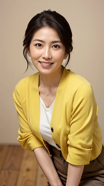 a woman holding a brown bag and smiling at the camera with her hands on her chest and her arm around her neck