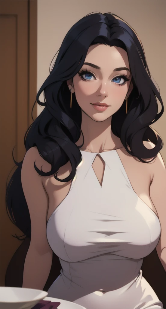 Curvy girl with blue eyes, long, wavy black hair and medium breasts