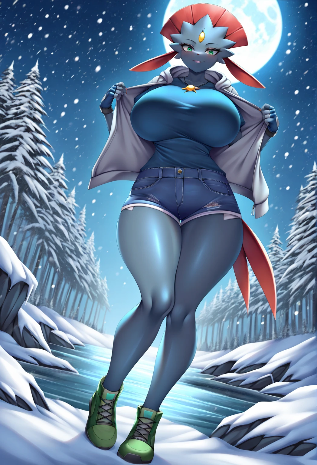 Toby Fox Undertale Sans Blue Jacket ,Fire eyes skull smile white short hair glowing one standing in the snow town Femininefull big breast breast enlargement full-body shot