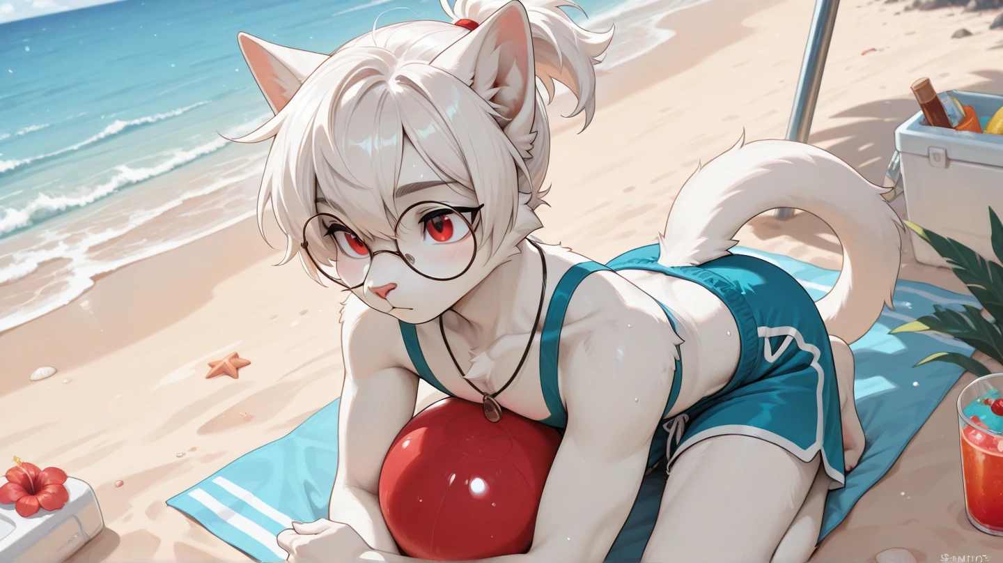 Silver hair, hair more than one eye, mouse lady, japanese student swimsuit, seductive smile, cute, laid back, short double tail, hairpin, raised eyebrows, mouse ears, swimming pool, sunny and cheerful, 8k, super detail, super detail, textured skin, anatomically correct, high quality, masterpiece, ccurate, UHD