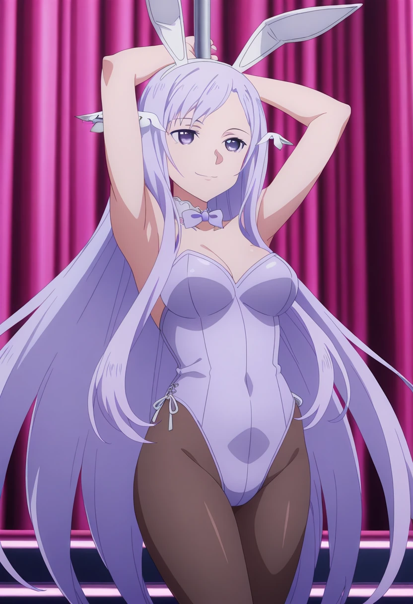 (masterpiece),(Highest quality),(Dark aura),Melascula,(anime),Hollow Eyes,length_hair,pink_hair,purple_hair,鈍い前hair,leotard,Knee socks,White bodysuit,White cloth,Medium chest,belly button,stomach,magic,(smile),Are standing,Looking_in_Audience,two hands,Two legs,five fingers,evil background,, Wicked Smile, devilish aura (Shiny fabric:1.5),Dark world background,solo,feet,
